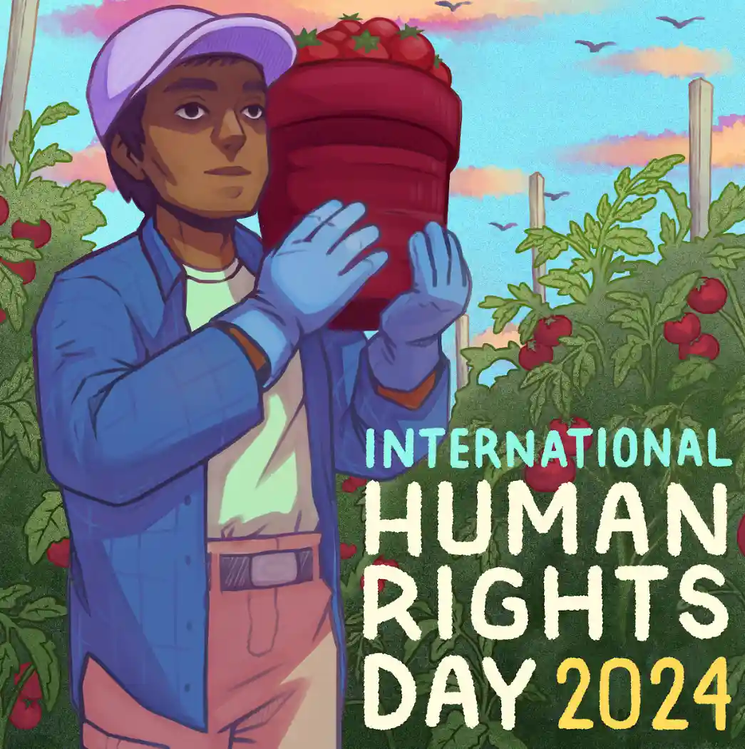 A cartoon illustration shows a person in a garden holding a large red bucket overflowing with tomatoes, surrounded by tomato…