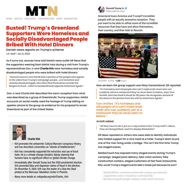 The image is a collage showing a news article from 'MTN' with the headline 'Busted! Trump's Greenland Supporters Were…