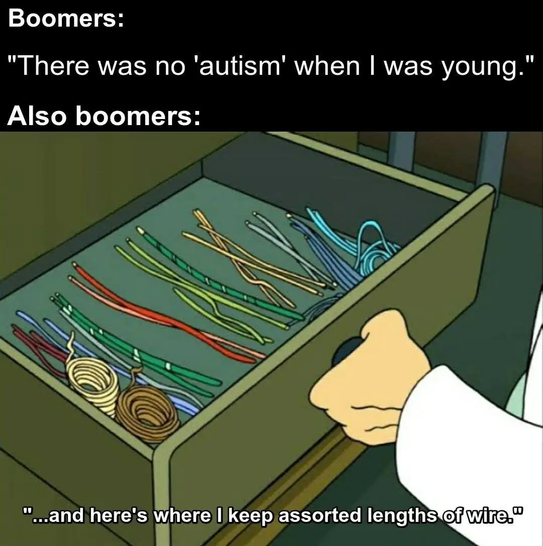 An image from the animated show 'Futurama' shows a hand pulling open a drawer filled with tangled, colorful wires. The text…