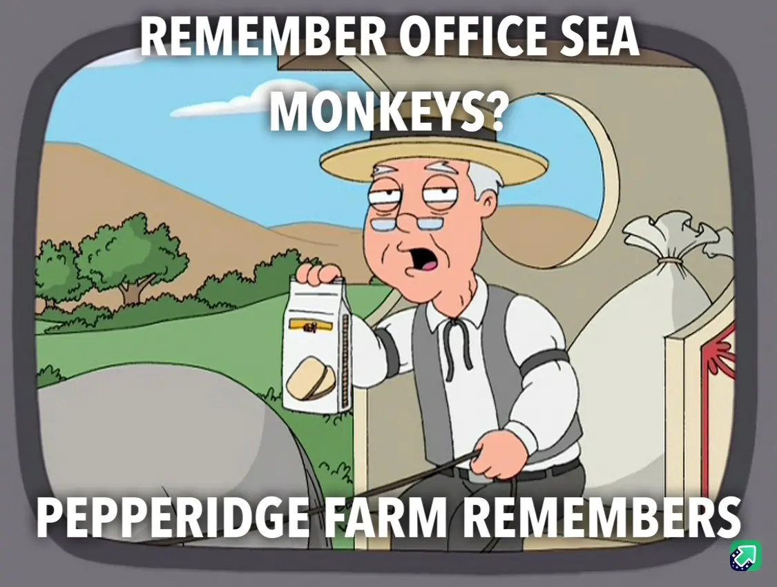 A cartoon image of an elderly man in a straw hat and vest holding a Pepperidge Farm biscuit box, framed as if on an old TV…