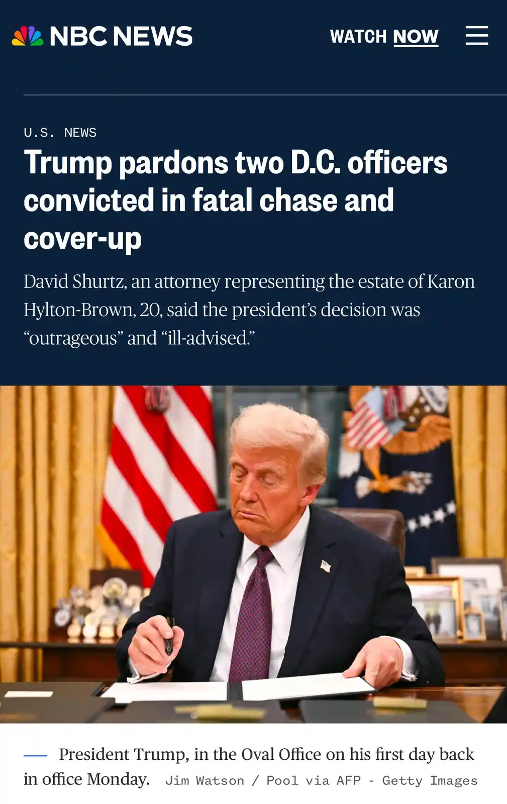 An NBC News screenshot shows a headline about Trump pardoning officers convicted in a fatal chase, overlaid on a photo of…