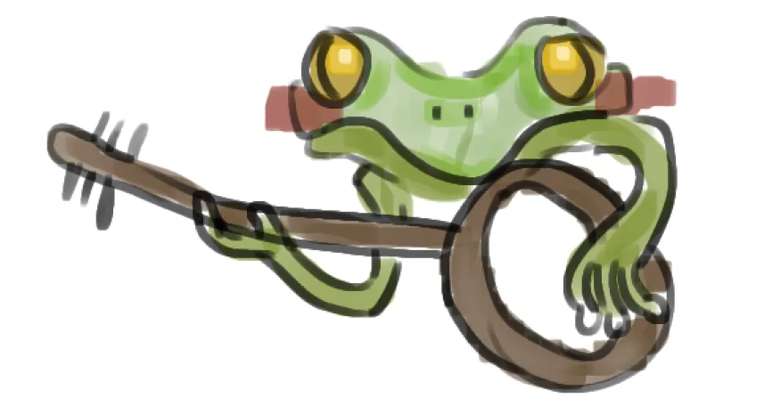 A cartoon green frog with large yellow eyes is depicted playing a banjo, holding the neck with one hand and the circular…