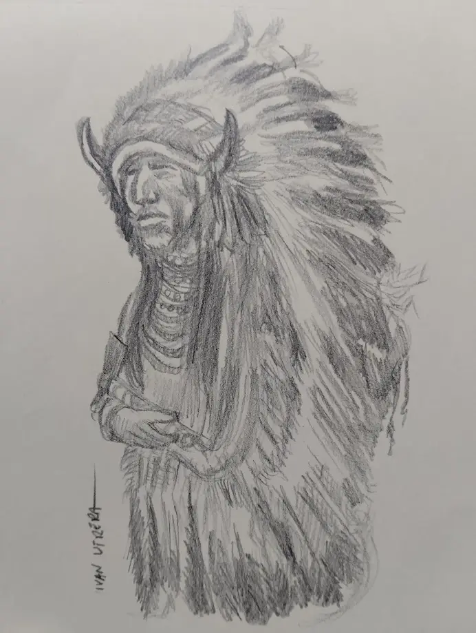 A pencil sketch of a Native American man wearing a traditional feathered headdress and beaded necklaces, looking solemnly to…