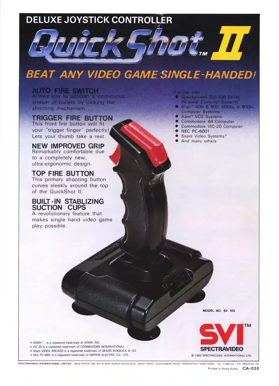 This is a vintage 1983 advertisement for the Spectravideo QuickShot II Deluxe Joystick Controller, featuring a black and red…