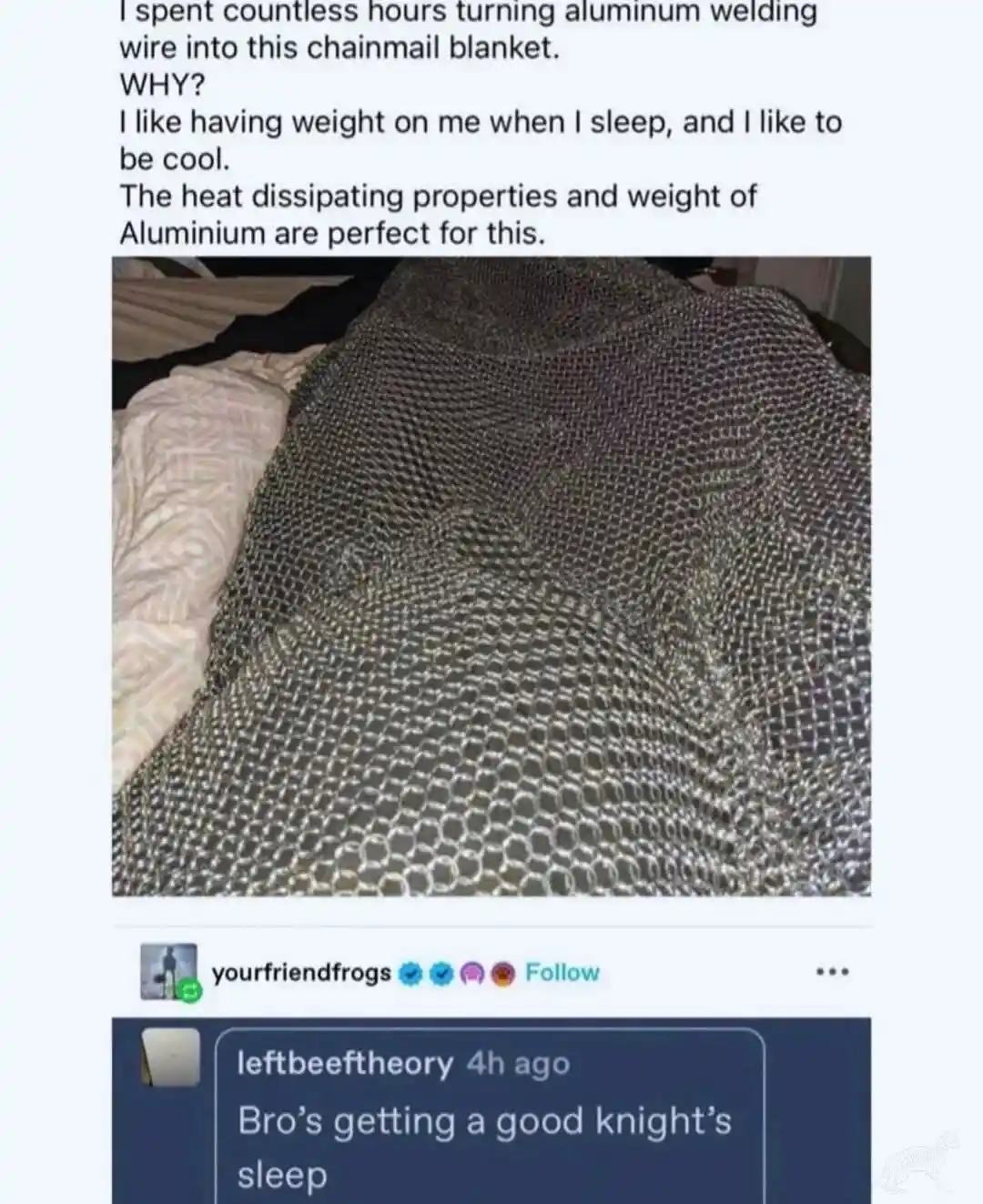 An image of a chainmail blanket made from aluminum welding wire, displayed on a bed next to a patterned pillow. Overlaid…