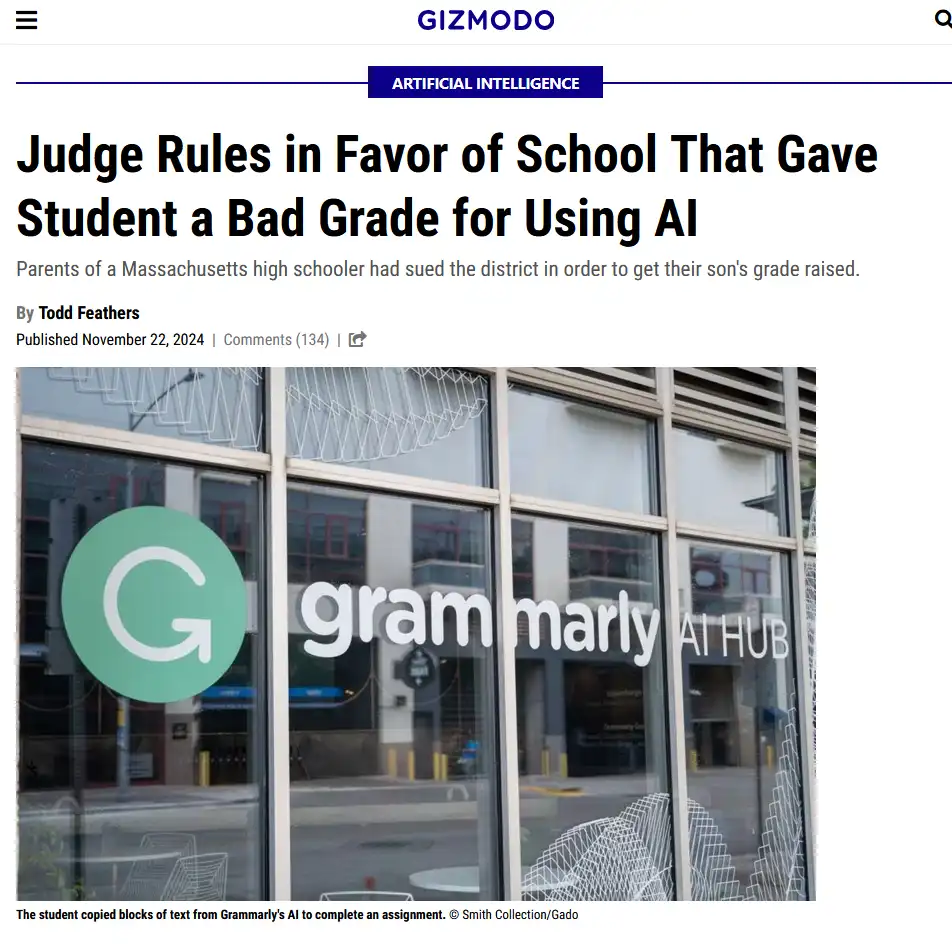 A screenshot of a Gizmodo article headline about a judge ruling in favor of a school that gave a student a bad grade for…
