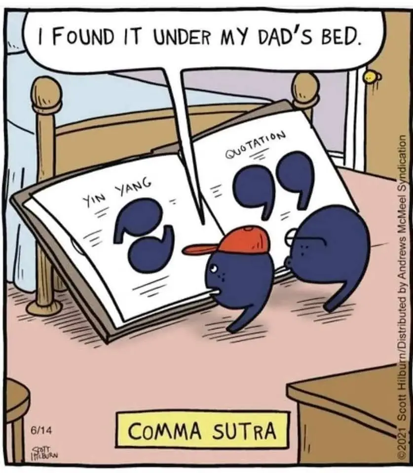 Two cartoon comma characters examine an open book titled 'COMMA SUTRA' with pages showing 'YIN YANG' and 'QUOTATION'…
