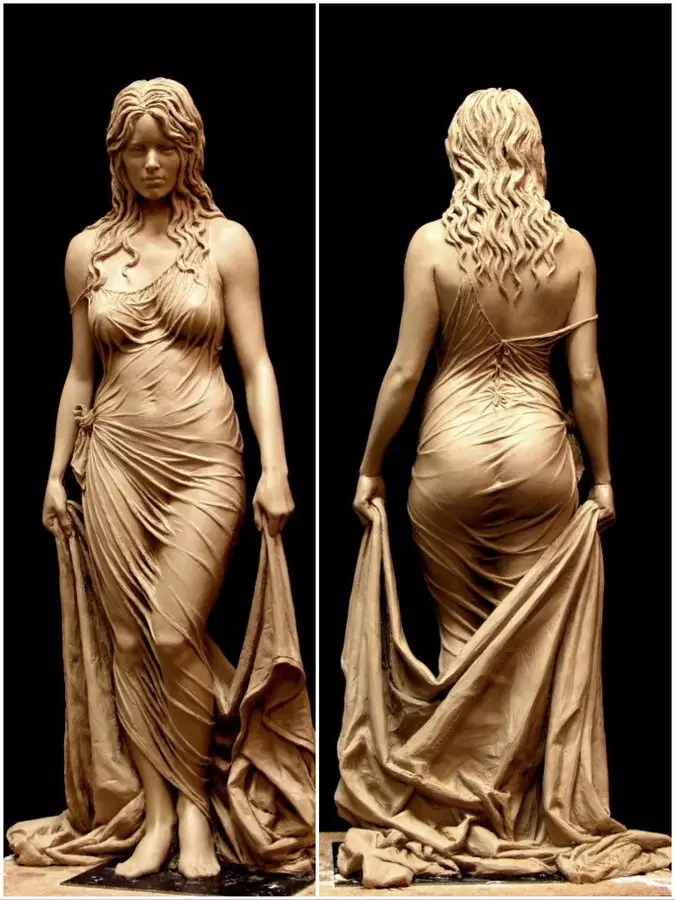 The image displays a clay sculpture of a woman in a flowing draped gown, shown from both front and back views against a…