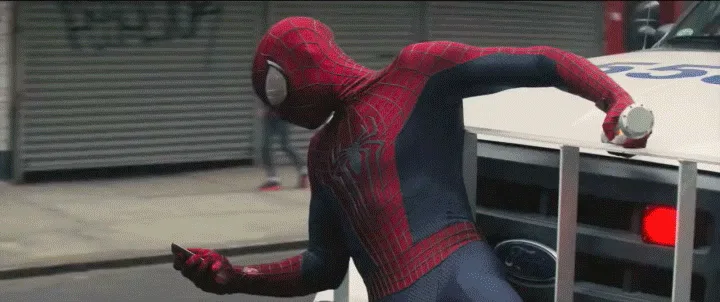 A comic strip of Spider-Man in his red and blue suit, leaning on a police car, talking on a phone. The text overlays show…