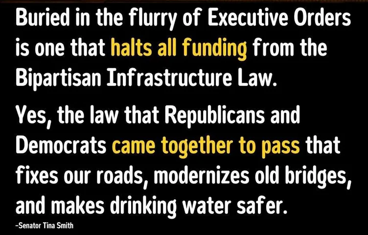 A black background with white and yellow text quotes Senator Tina Smith criticizing an executive order that halts funding…