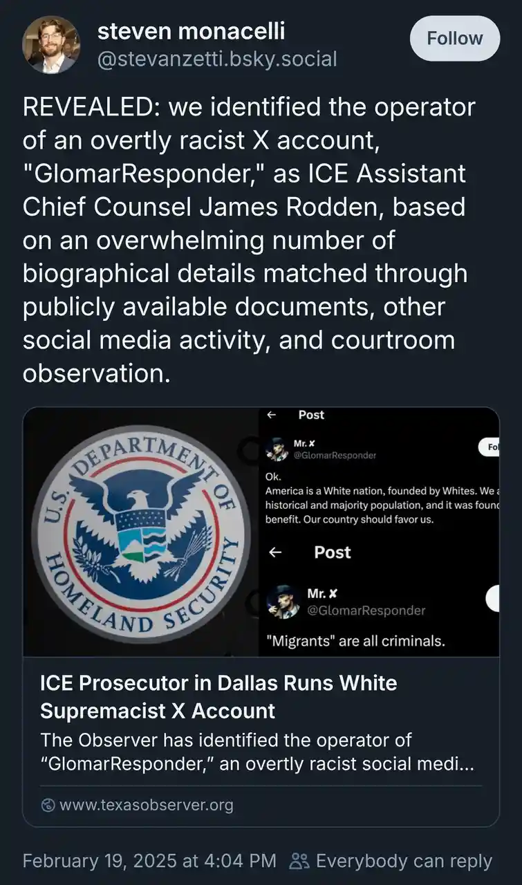 A screenshot of a social media post by Steven Monacelli claims to have identified the operator of the racist X account…