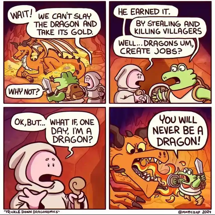 A four-panel comic shows adventurers debating whether to kill a dragon hoarding gold, with one character arguing it's…
