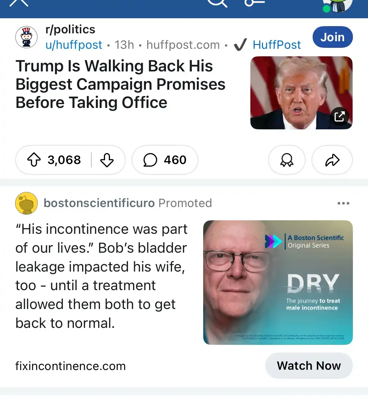 A screenshot of a Reddit post from r/politics showing a HuffPost article titled 'Trump Is Walking Back His Biggest Campaign…