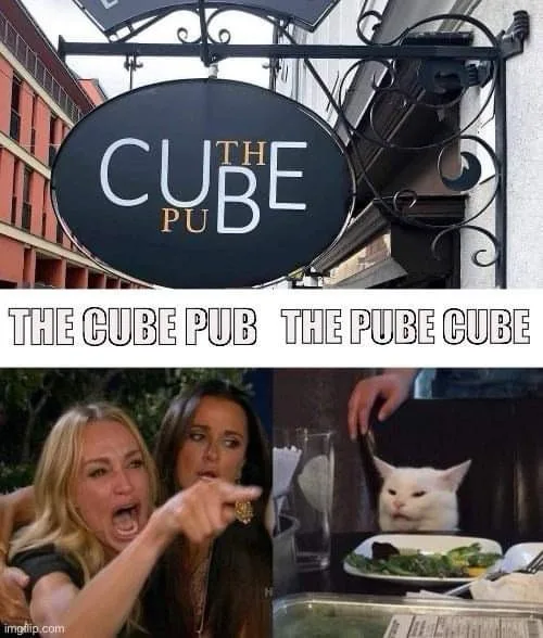 The image is split: top shows a pub sign reading 'THE CUBE PUB' with a misread version 'THE PUBE CUBE' overlaid. Bottom left…