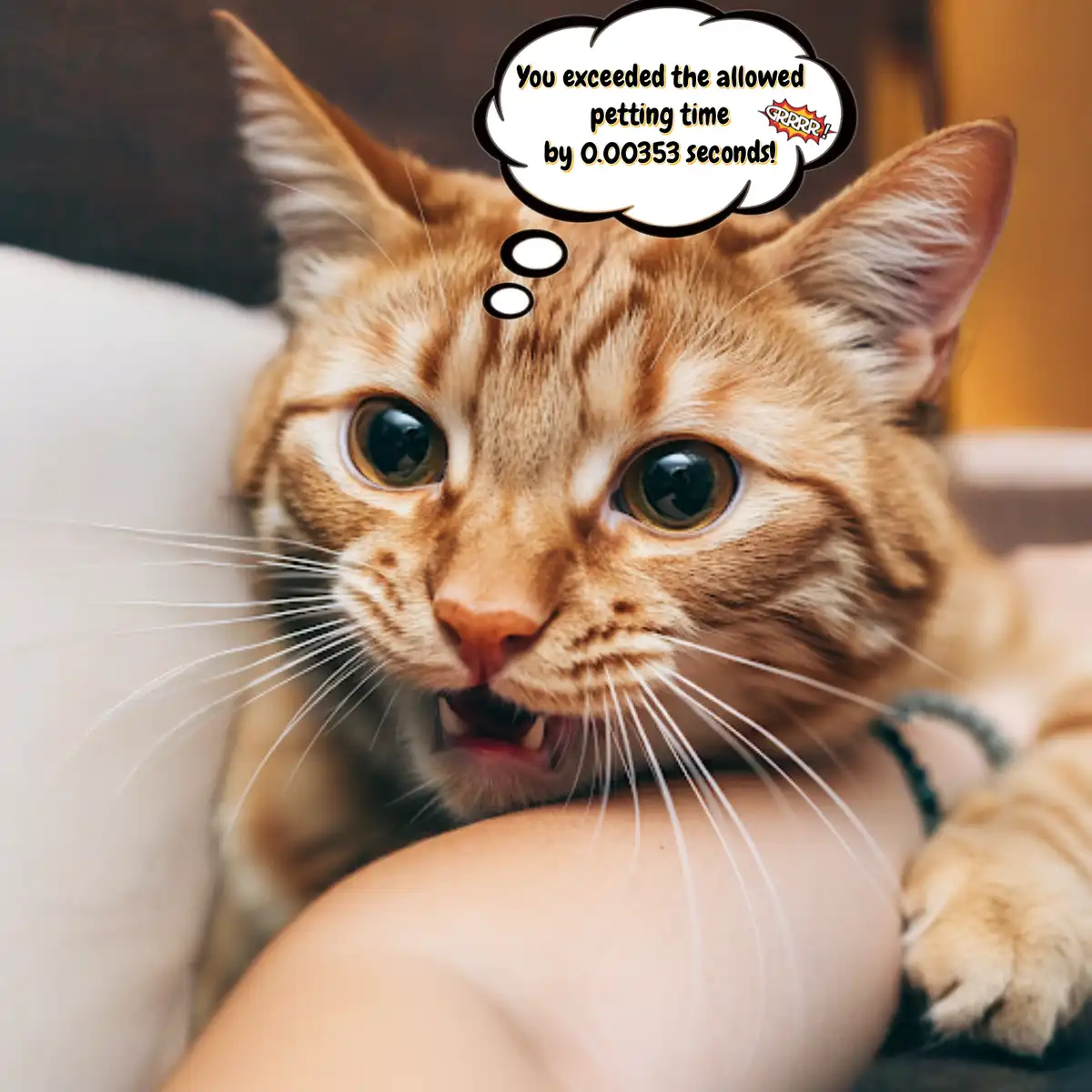 A close-up of an orange tabby cat with wide, startled eyes and bared teeth, looking directly at the camera while resting on…