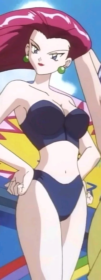An anime character with long magenta hair and green earrings poses confidently in a dark blue bikini against a colorful…