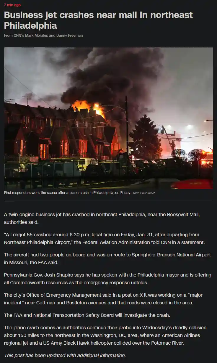 A news article screenshot shows a dramatic nighttime photo of a residential area engulfed in flames and thick black smoke…