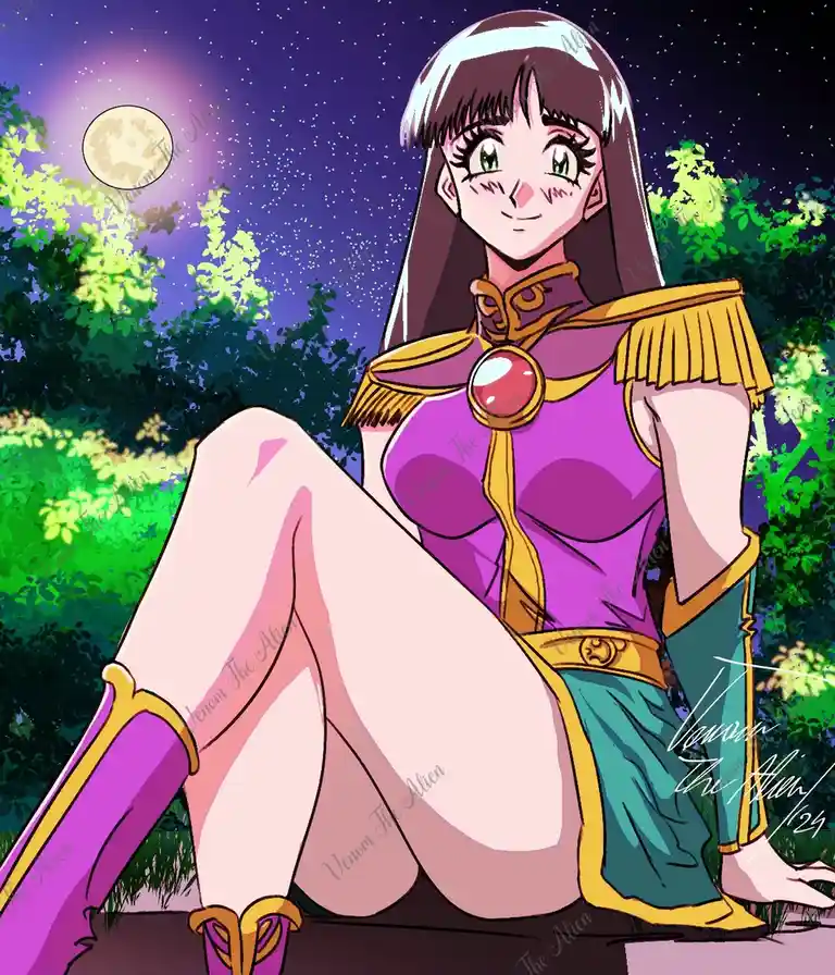 An anime-style illustration of a female character with long dark hair and green eyes, wearing a purple and gold…