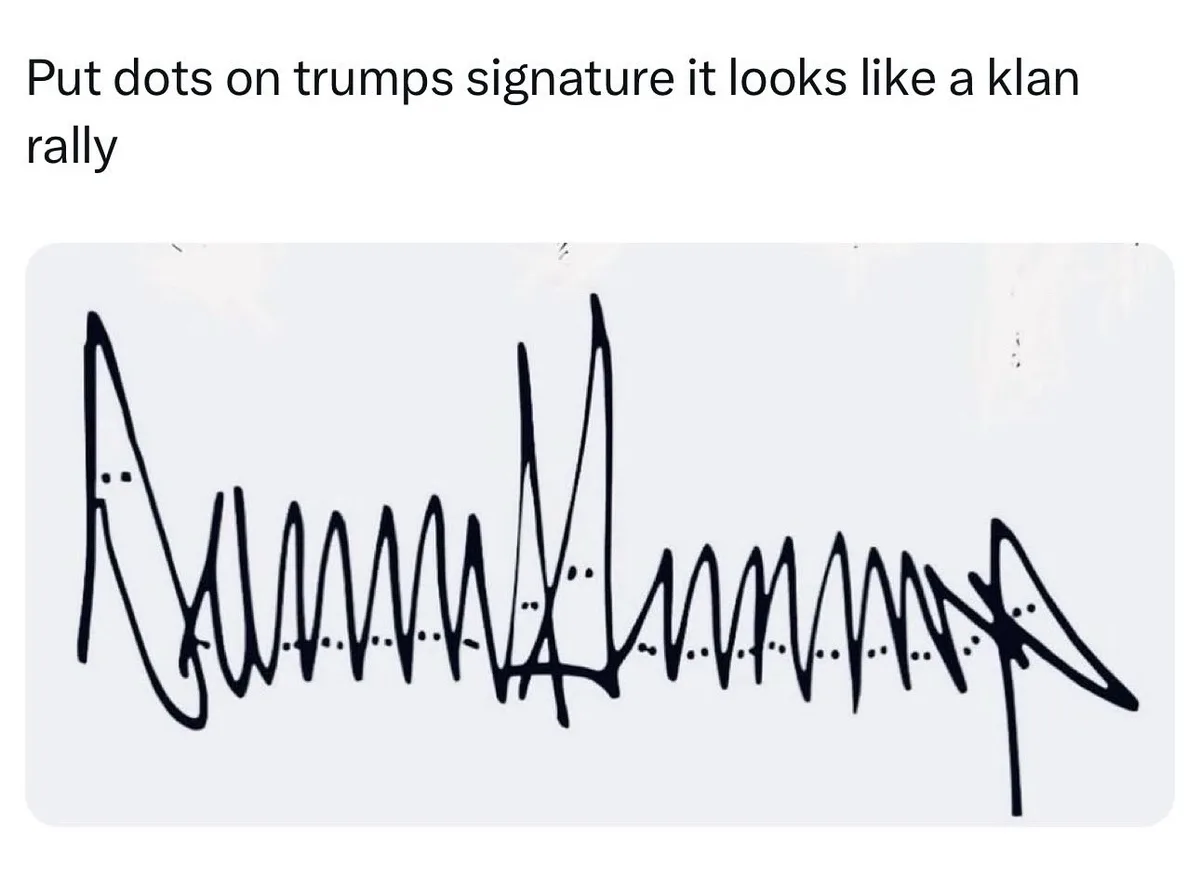 The image displays a black ink signature on a white background, with small dots added at specific points to create a visual…