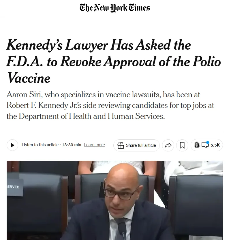 A screenshot of a New York Times article headline about Aaron Siri, a vaccine lawsuit specialist, reviewing candidates for…