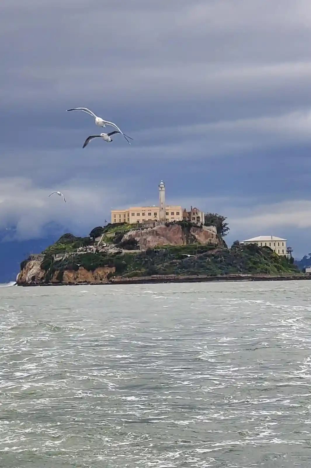 A photograph of Alcatraz Island in San Francisco Bay, showing its historic prison buildings atop a rocky island surrounded…