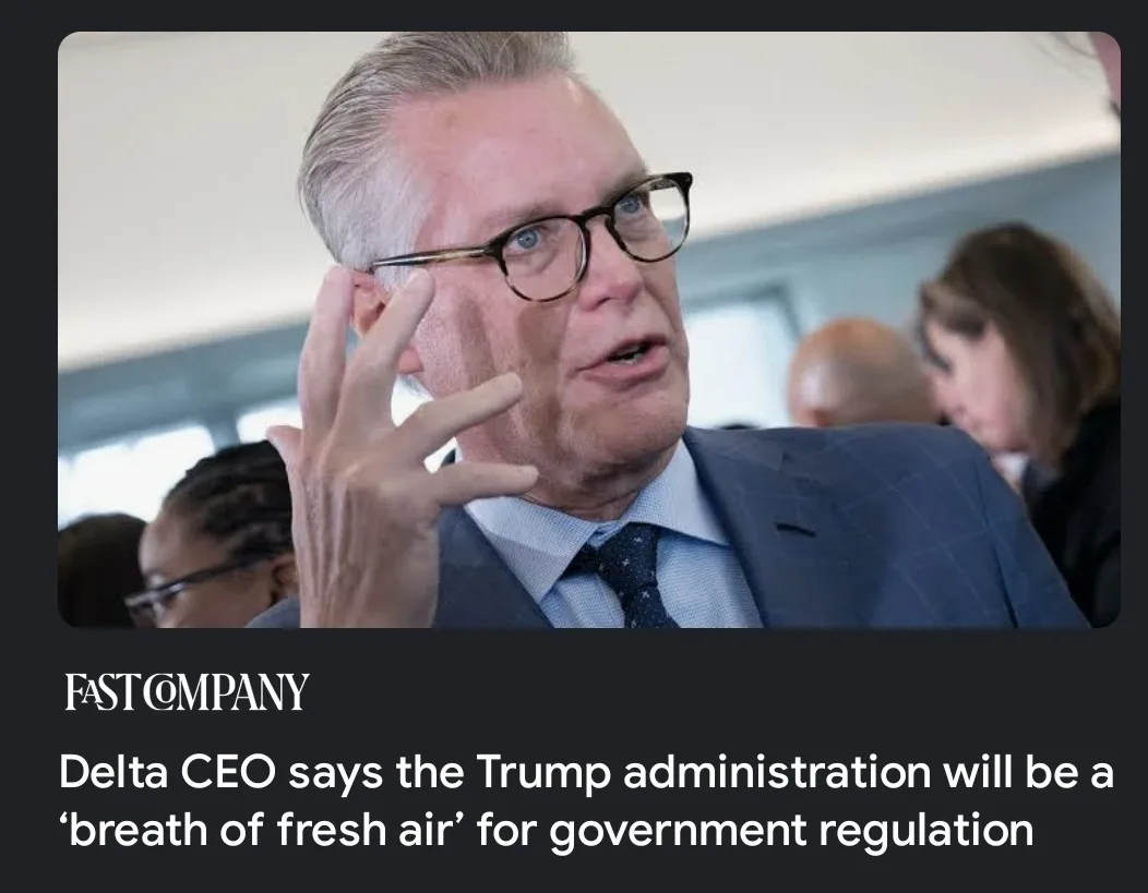 A man in a suit and glasses gestures while speaking, with a news headline overlay reading 'Delta CEO says the Trump…