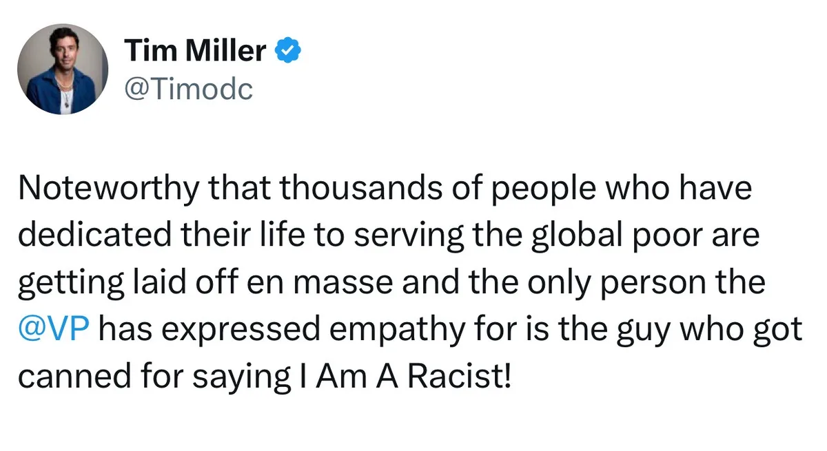 A screenshot of a tweet by verified user Tim Miller (@Timodc) with a profile picture of a man in a blue jacket. The tweet…