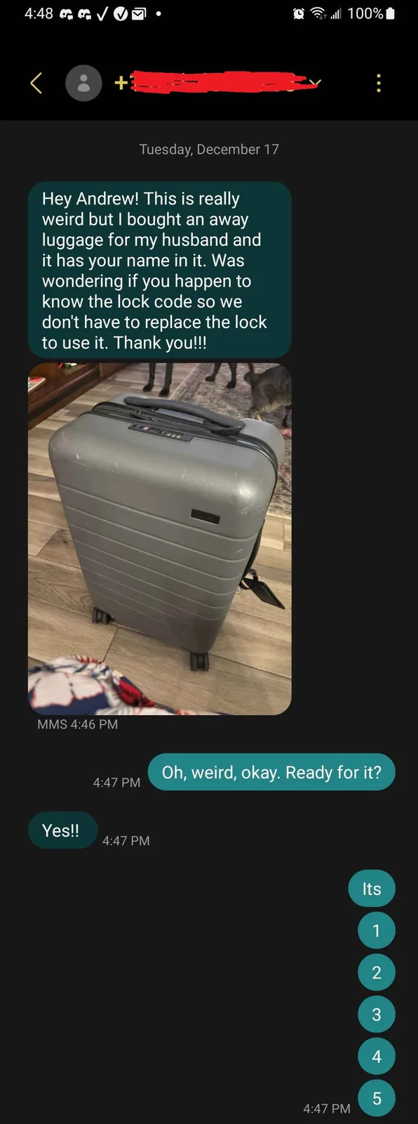 A screenshot of a text message conversation where a woman asks a man named Andrew for the lock code to a suitcase that was…