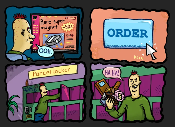 A four-panel comic strip shows a man excitedly ordering a 'Rare super magnet -50%' online, clicking 'ORDER', then retrieving…
