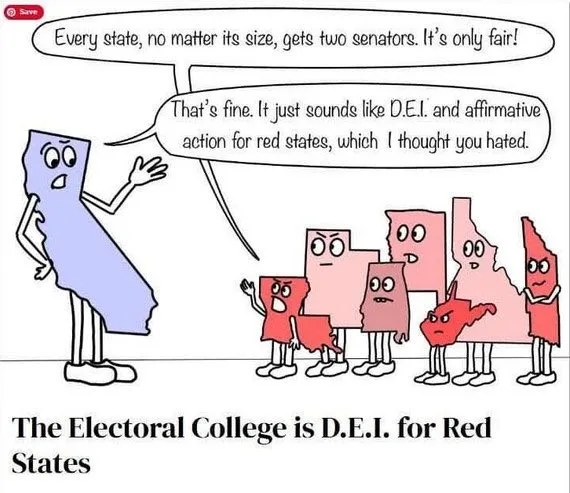 A cartoon depicts a large blue state character arguing that every state gets two senators, which is fair. A group of smaller…