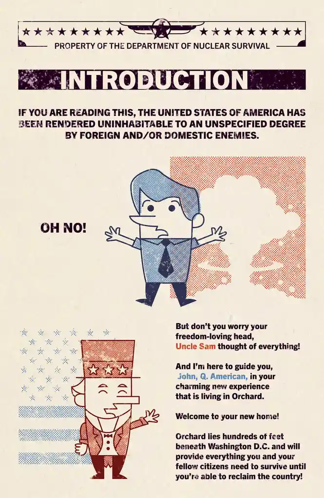 A vintage-style document titled 'INTRODUCTION' from 'PROPERTY OF THE DEPARTMENT OF NUCLEAR SURVIVAL' states that if you're…