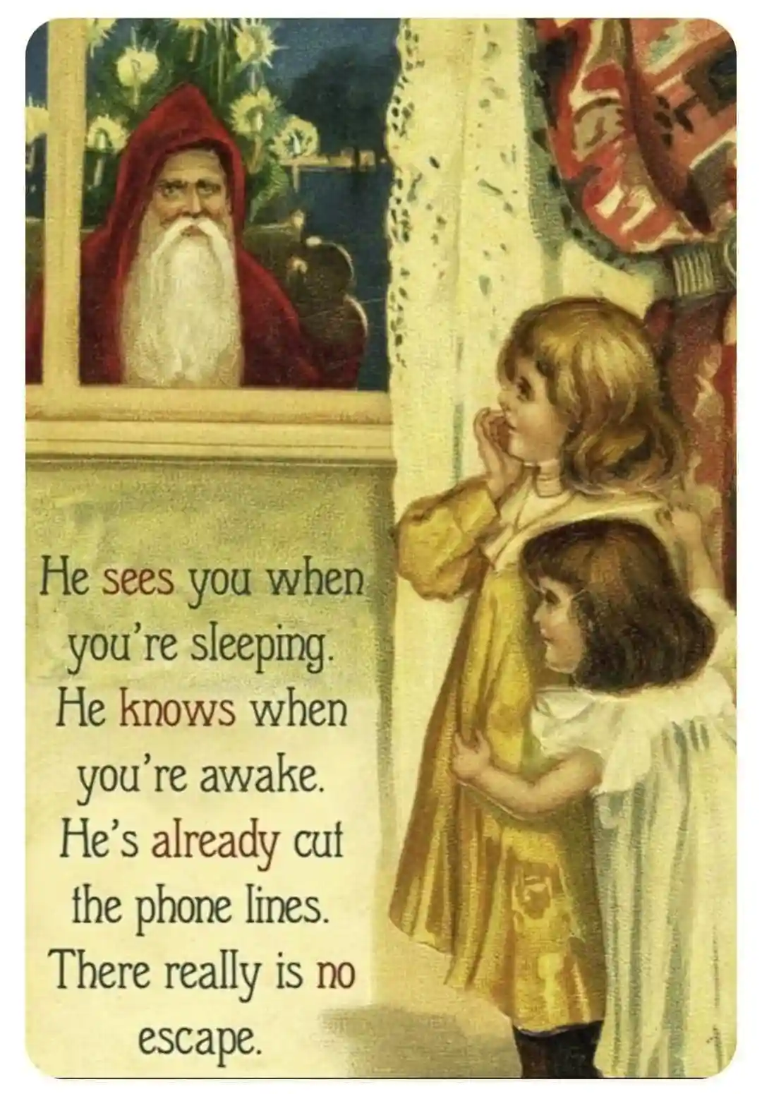 An old-fashioned illustration shows two children peeking from behind a curtain, looking toward a window where a bearded…