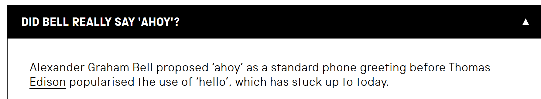 A screenshot of a webpage header asking 'DID BELL REALLY SAY 'AHoy'?' followed by text stating Alexander Graham Bell…