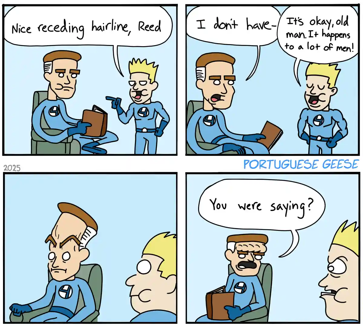 A four-panel comic strip featuring two men in blue superhero costumes. In the first panel, a man with a receding hairline is…