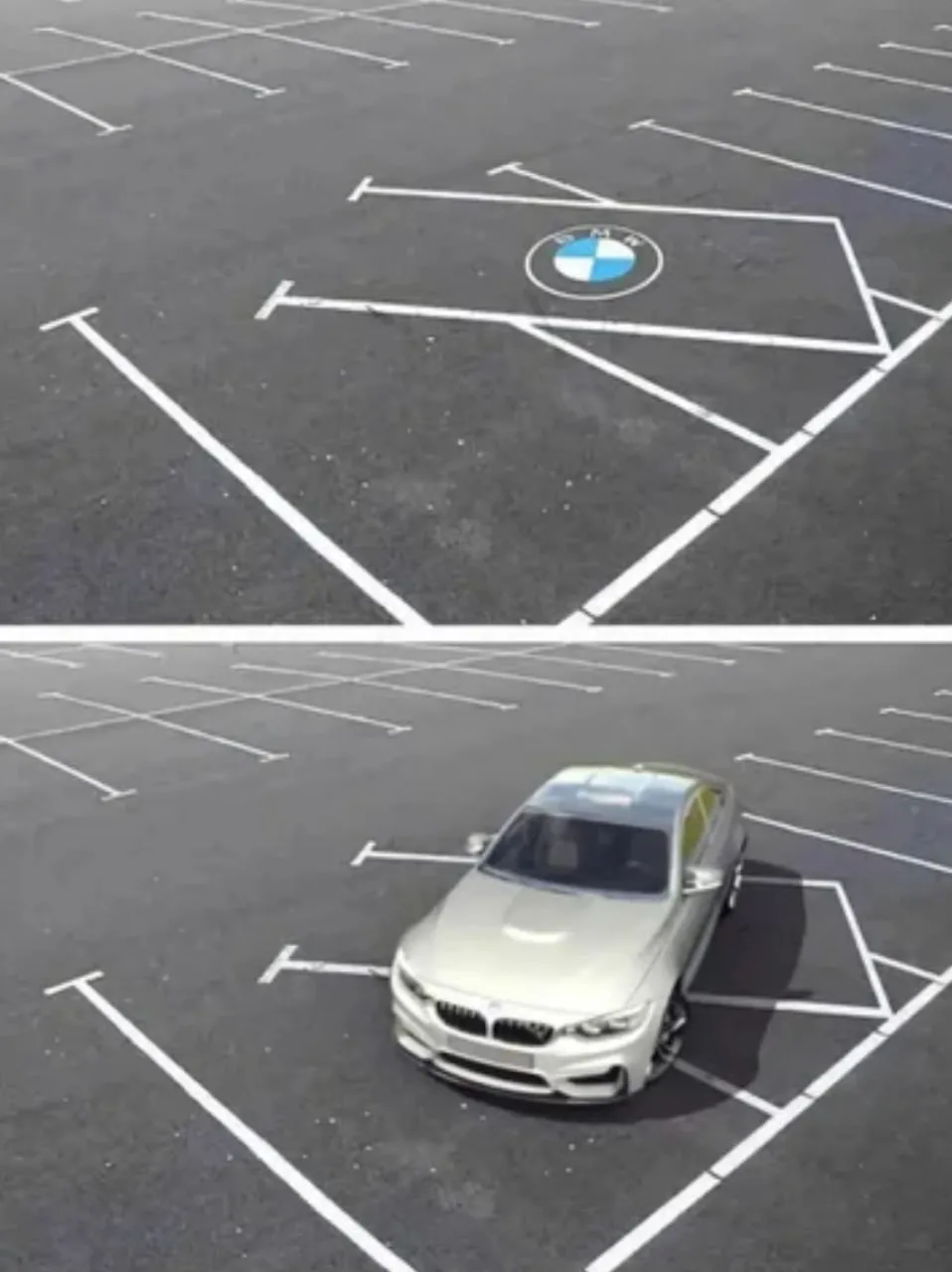 The image shows a split-screen: the top panel displays an empty parking space marked with a BMW logo at its center, while…