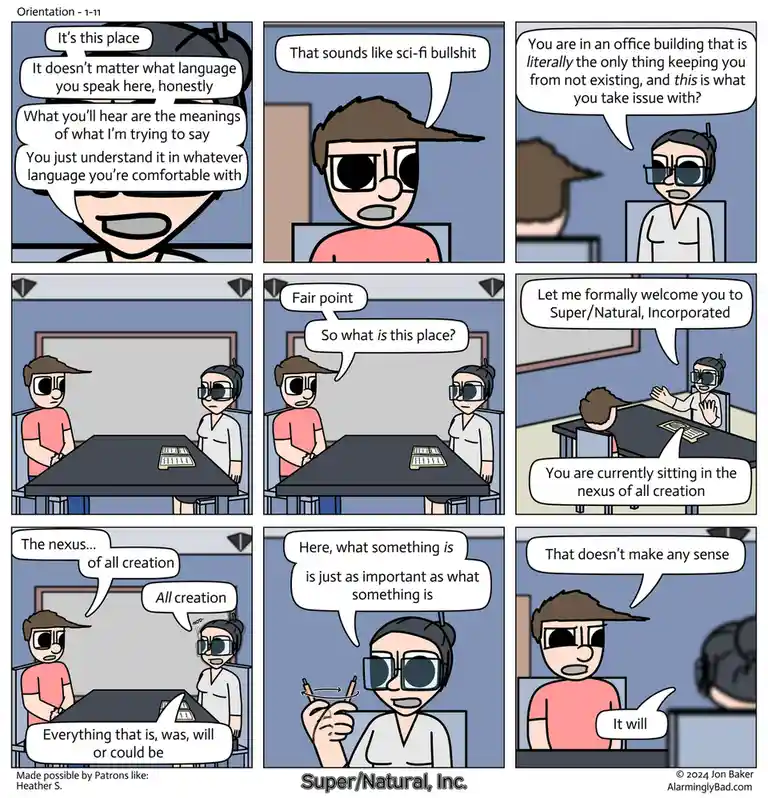 A six-panel comic strip depicts a surreal office orientation. A new employee, skeptical of the company's claims, is told…