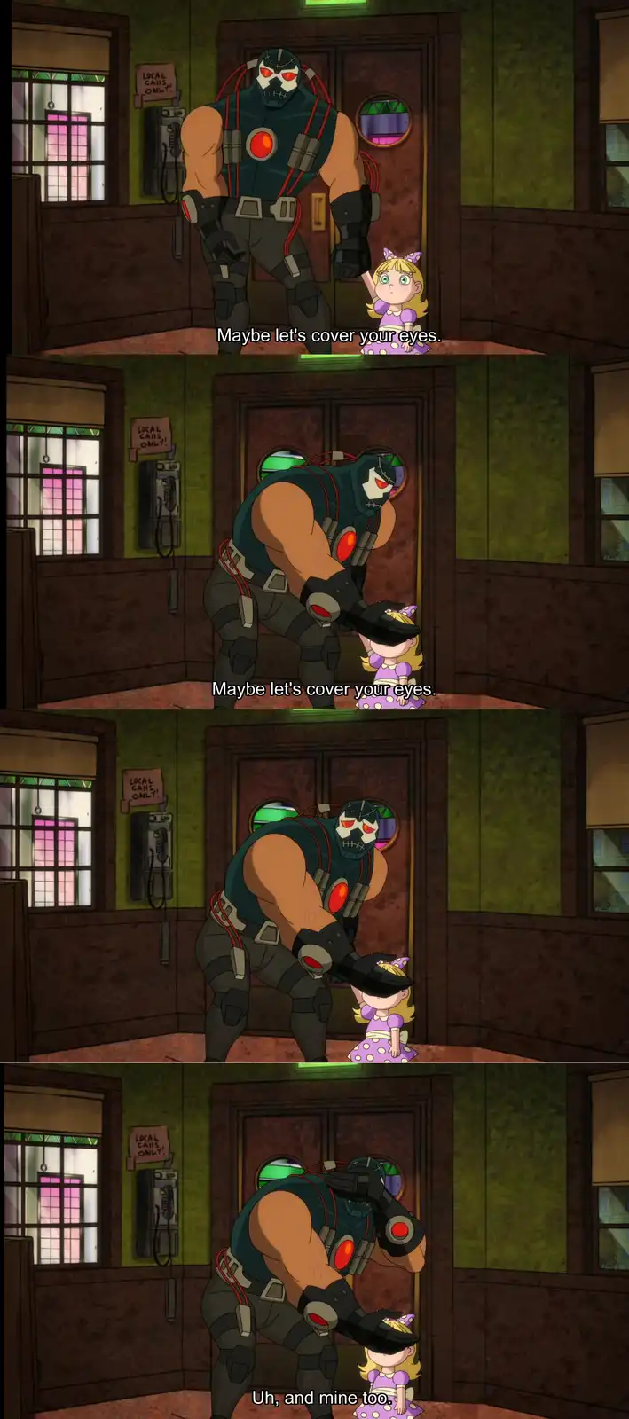 A four-panel comic strip shows a large, menacing masked villain in a dark, gritty room with a small, innocent-looking girl…