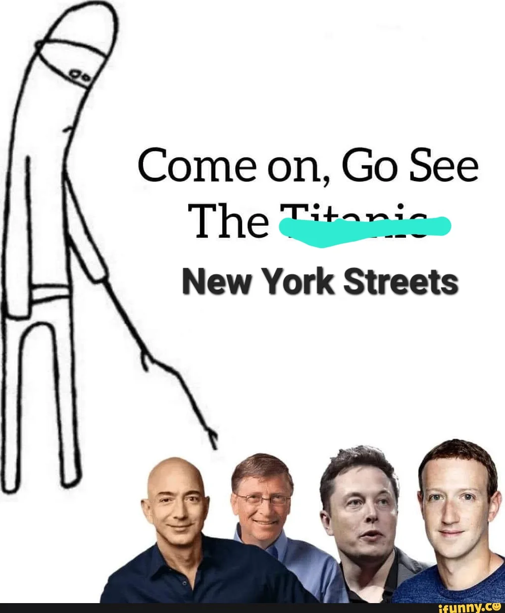 A crudely drawn stick figure wearing a hat and holding a cane points toward four men—Jeff Bezos, Bill Gates, Elon Musk, and…