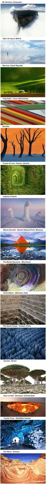 A vertical collage of 12 stunning natural landscapes, each labeled with its location. The images include Mt. Roraima in…