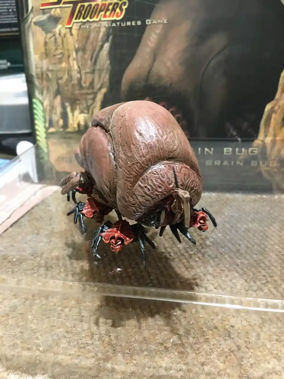 A grotesque, brown, segmented insect-like miniature toy with multiple black legs and red, fleshy appendages is displayed on…