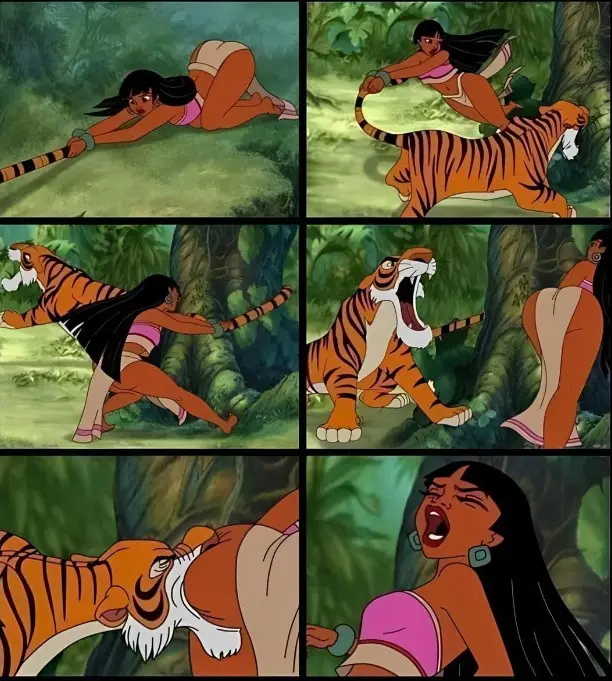 A six-panel comic strip from Disney's 'The Jungle Book' shows a woman in a pink top and tan shorts struggling with a tiger…