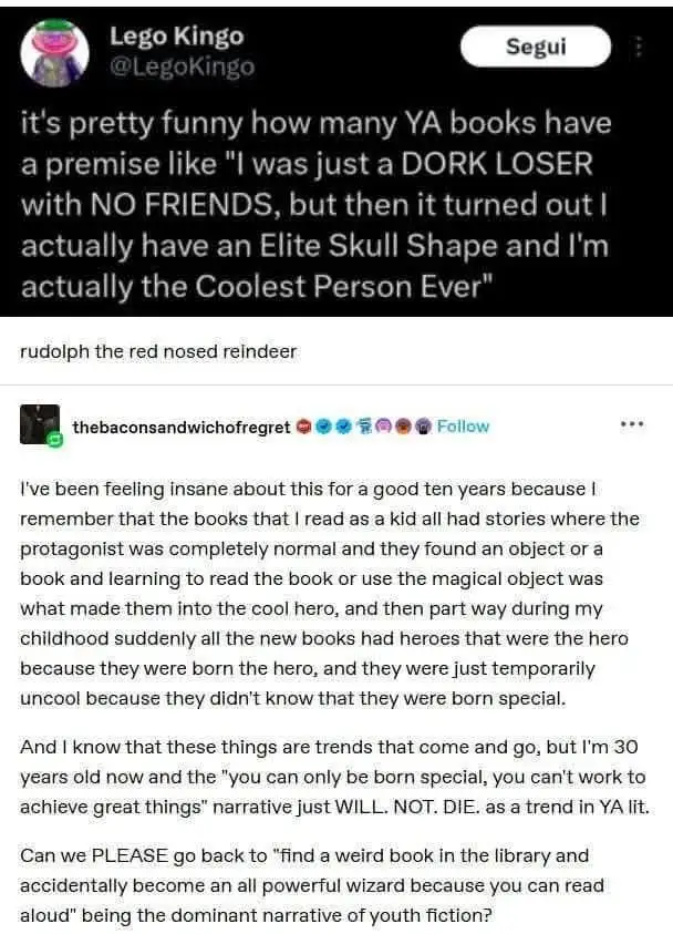 A screenshot of a Twitter thread where the top tweet, from user @LegoKingo, humorously points out a common trope in young…