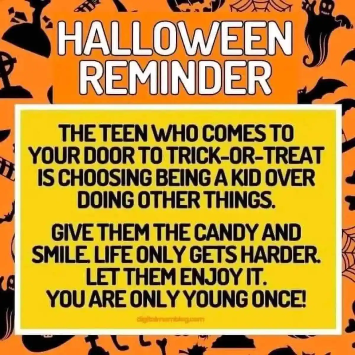An orange Halloween-themed image with black spooky icons like ghosts, bats, and spiders. A large yellow box in the center…