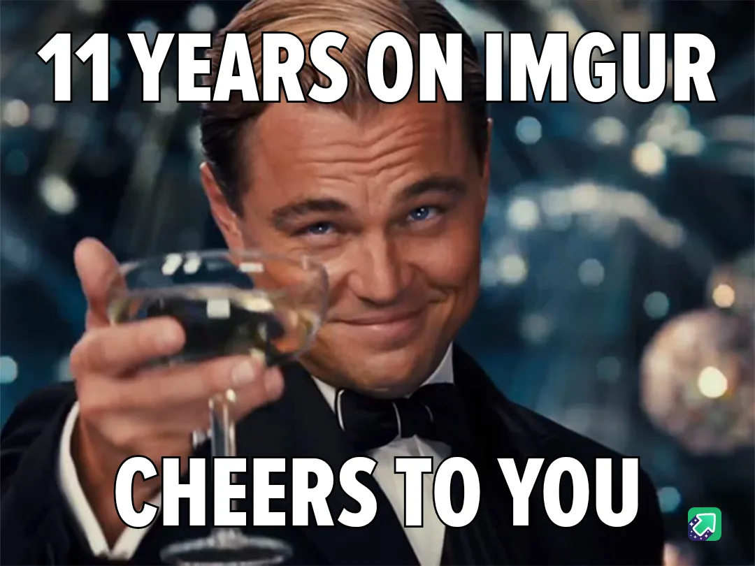 A man in a tuxedo holding a champagne glass smiles and raises it toward the viewer. Large white text at the top reads '11…
