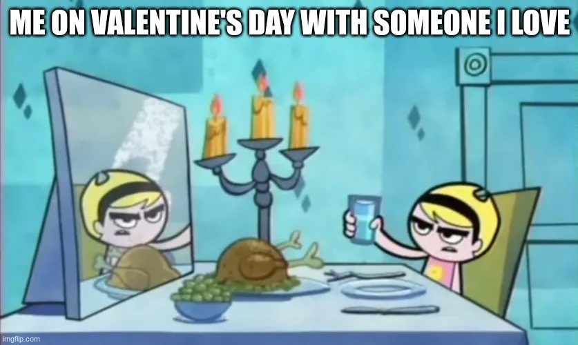 A cartoon character with a yellow headband sits at a dining table with a roasted turkey and candles, looking annoyed while…