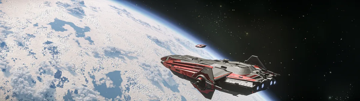 A red and gray spaceship flies in space above a planet covered in clouds, with a smaller ship visible in the distance. The…