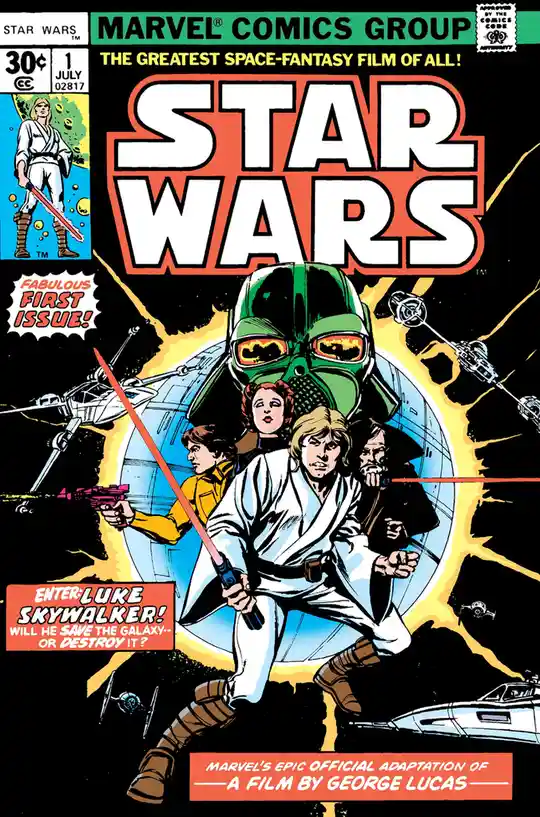 This is the cover of the first issue of the Marvel Comics Group Star Wars comic, featuring Luke Skywalker wielding a red…