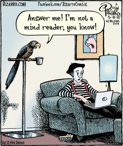 A cartoon parrot perched on a stand next to a person sitting in a chair using a laptop. The parrot has a speech bubble…