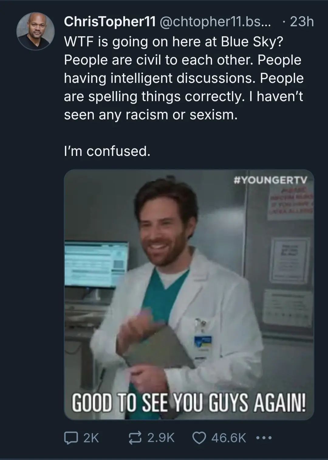 A screenshot of a tweet by ChrisTopher11 expressing confusion about the positive and civil environment at Blue Sky Studios…