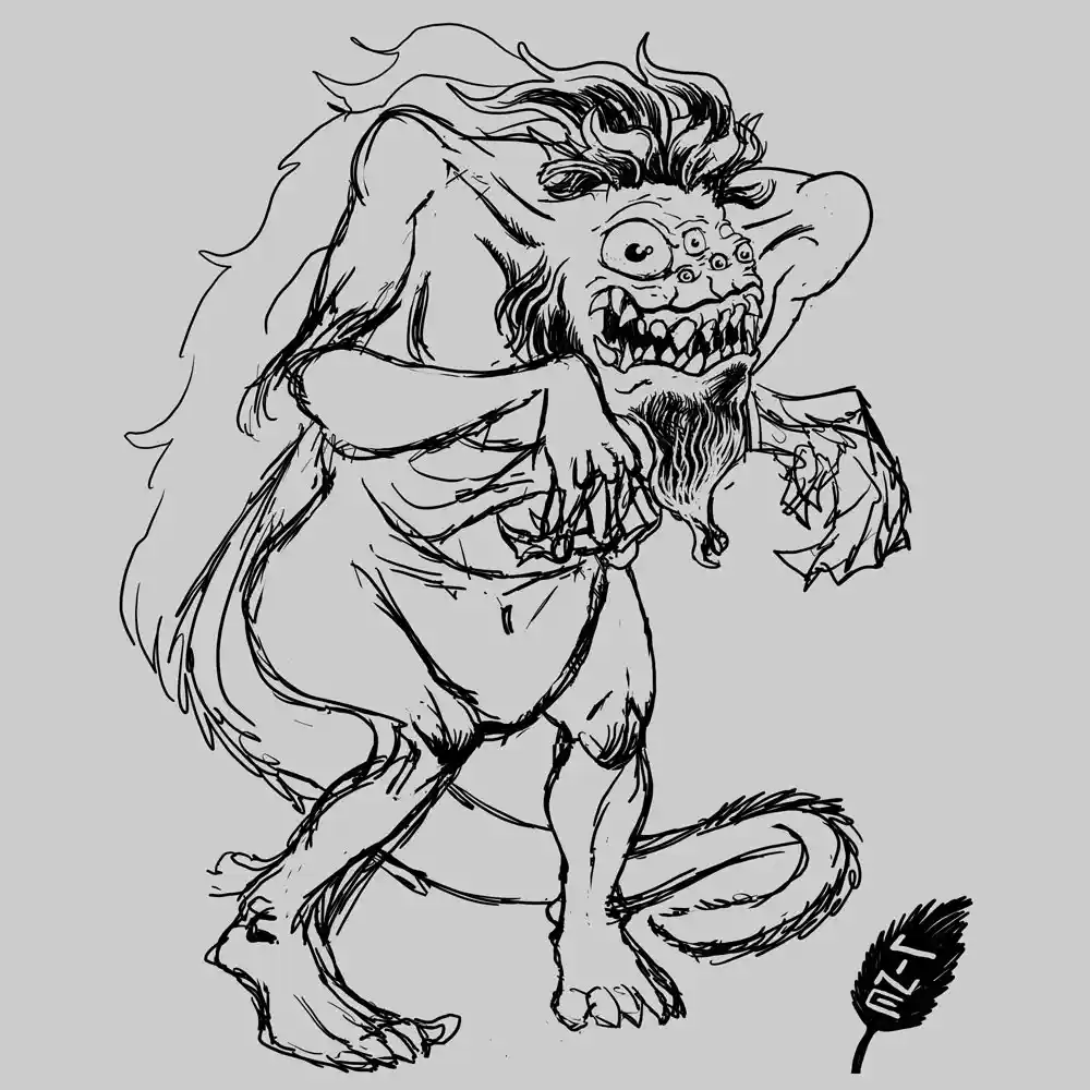 A black-and-white line drawing depicts a monstrous, hulking creature with wild hair, multiple eyes, sharp teeth, a beard…